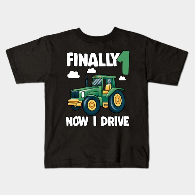 Kids Finally 1 1st Birthday Gift Boy Tractor Kids T-Shirt by Kuehni